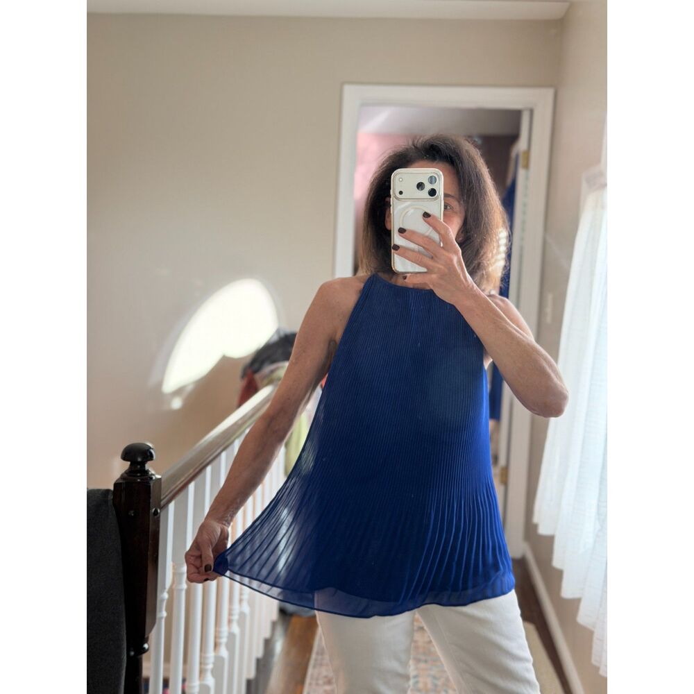 Cobalt Blue Pleated Swing Tank, Sheer Layered Blouse,Resort, Occasion